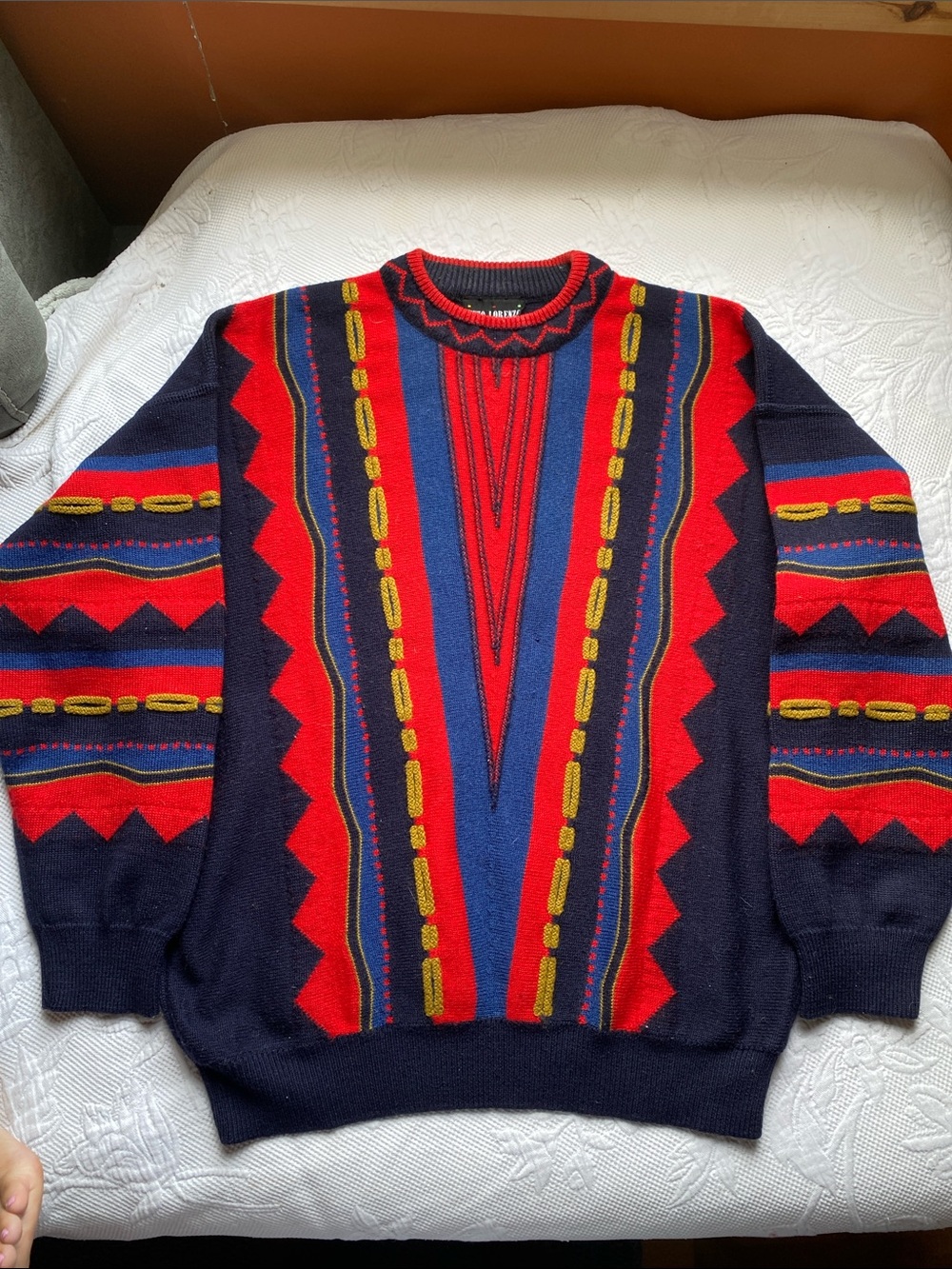 Vintage Coogi Type lorenzo Navy Crewneck Sweater with Red and Yellow Stripes